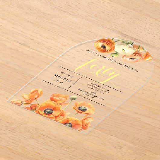 40e verjaardag Modern Garden Sinaasappel White Flo Acryl Uitnodigingen (Laagn)