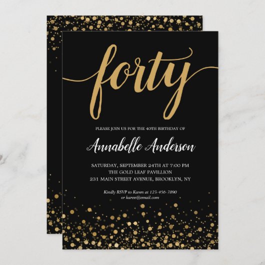 40e verjaardag Modern Zwart Goud Confetti Script Kaart (Voorkant / Achterkant)