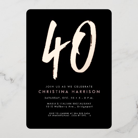40e verjaardag moderne gedurfde roos zwart folie uitnodiging (Voorkant)