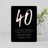40e verjaardag moderne gedurfde roos zwart folie uitnodiging (Staand Voorkant)