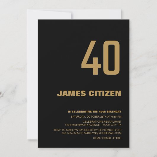 40e verjaardag Moderne Minimalistische Zwarte Gold Kaart (Voorkant)