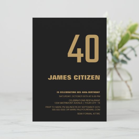 40e verjaardag Moderne Minimalistische Zwarte Gold Kaart (Staand voorkant)