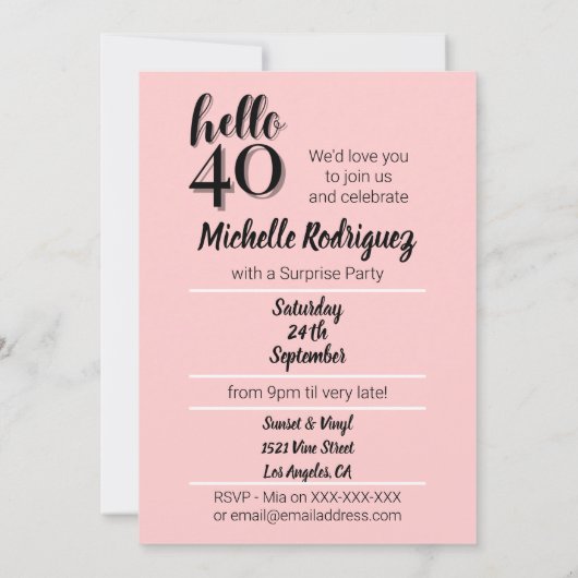40e verjaardag Moderne Roze en Zwarte Partij Kaart (Achterkant)