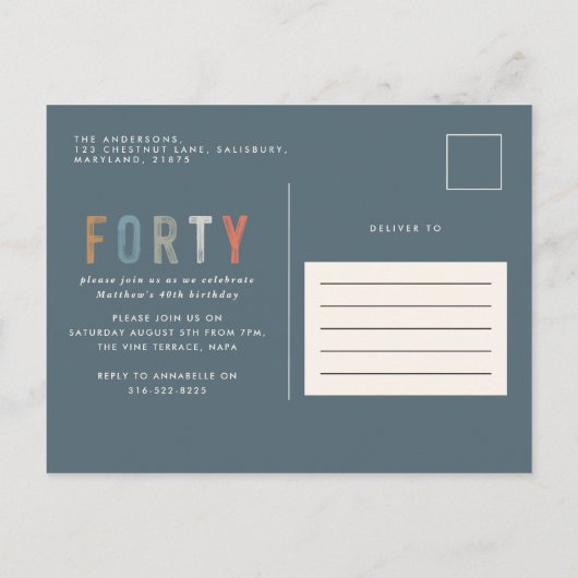 40e verjaardag moderne rustic classy typografie po uitnodiging briefkaart (Achterkant)