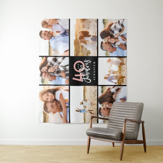 40e verjaardag moderne zwarte en roze fotocollage wandkleed (In situ)
