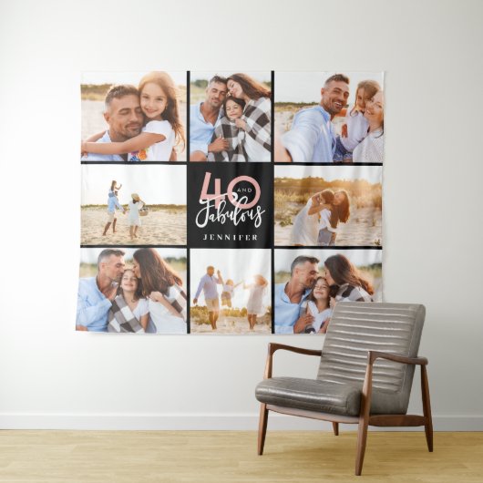 40e verjaardag moderne zwarte en roze fotocollage wandkleed (In Situ (horizontaal))