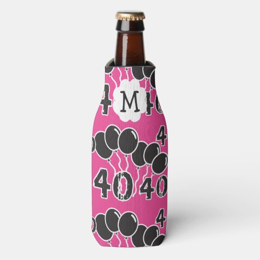 40e verjaardag Monogram ROZE ZWART Gepersonaliseer Flesjeskoeler (Fles Voorkant)