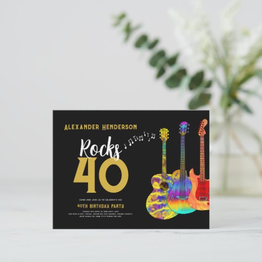 40e verjaardag Muziek Guitar Rocks 40 Uitnodiging Briefkaart (Staand voorkant)