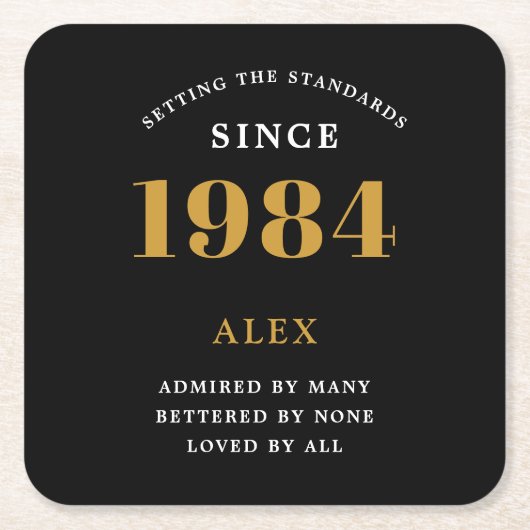 40e Verjaardag Naam 1984 Zwart Goud Elegant Chic Kartonnen Onderzetters (Voorkant)