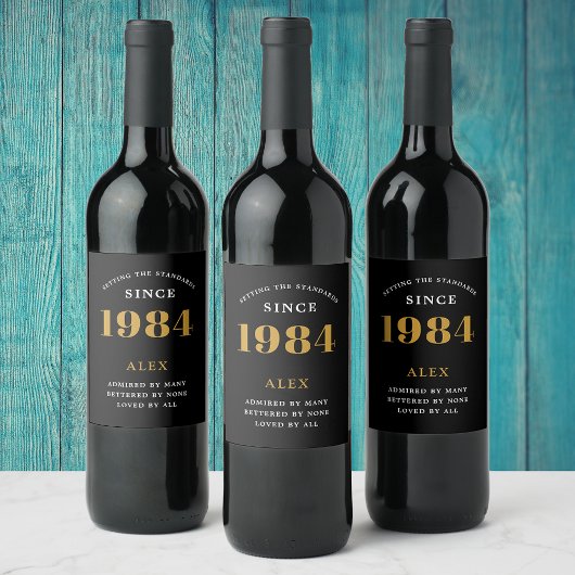 40e Verjaardag Naam 1984 Zwart Goud Elegant Chic Wijn Etiket