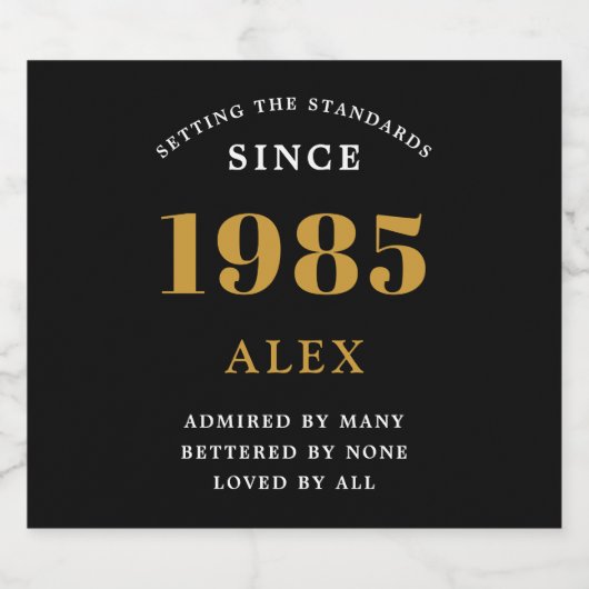 40e Verjaardag Naam 1985 Zwart Goud Elegant Chic Sparkling Wijnetiket (Enkel label)