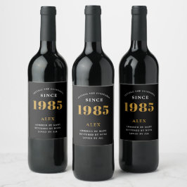 40e Verjaardag Naam 1985 Zwart Goud Elegant Chic Wijn Etiket