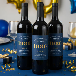 40e Verjaardag Naam 1986 Blauw Goud Elegant Chic Wijn Etiket
