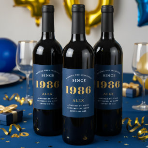 40e Verjaardag Naam 1986 Blauw Goud Elegant Chic Wijn Etiket