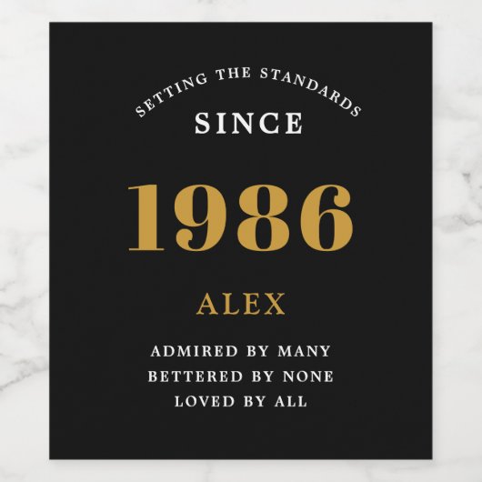 40e Verjaardag Naam 1986 Zwart Goud Elegant Chic Wijn Etiket (Enkel label)