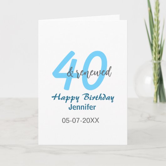 40e & verjaardag naam datum blauw vet nummer kaart (Voorkant)