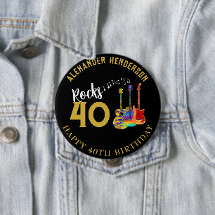 40e Verjaardag Naam Gitaren Muziek Rock 40 Ronde Button 4,0 Cm