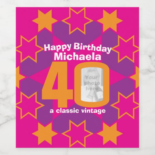 40e verjaardag naam roze foto aangepaste wijnlabel wijn etiket (Enkel label)