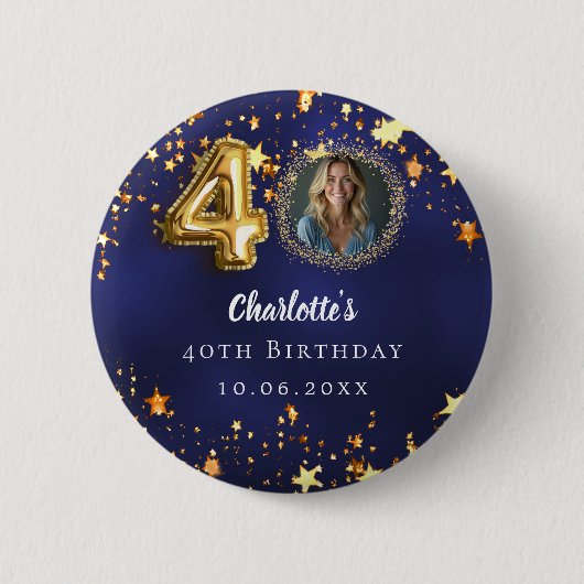 40e verjaardag navy blauw goud sterren foto ronde button 5,7 cm (Voorkant)