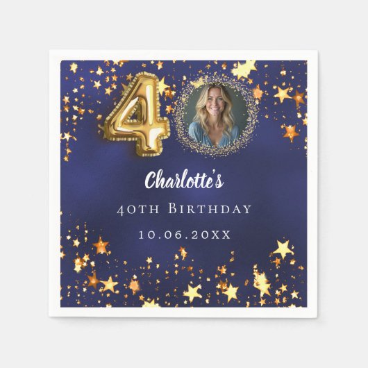 40e verjaardag navy blauw goud sterren foto servet (Voorkant)
