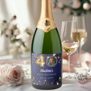 40e verjaardag navy blauw goud sterren foto sparkling wijnetiket