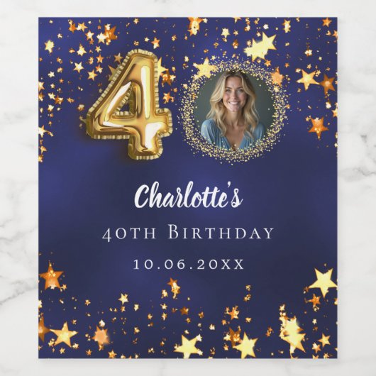 40e verjaardag navy blauw goud sterren foto wijn etiket (Enkel label)