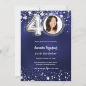 40e verjaardag navy blauw zilveren sterren foto kaart (Voorkant)