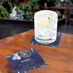 40e verjaardag navy blauw zilveren sterren foto kartonnen onderzetters