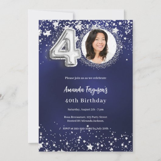 40e verjaardag navy blauw zilveren sterren foto lu kaart (Voorkant)