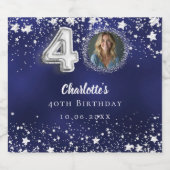 40e verjaardag navy blauw zilveren sterren foto sparkling wijnetiket (Enkel label)