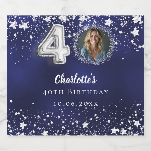 40e verjaardag navy blauw zilveren sterren foto sparkling wijnetiket (Enkel label)