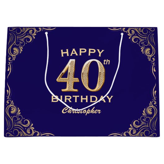 40e verjaardag Navy Blue en Gold Glitter Groot Cadeauzakje (Voorkant)