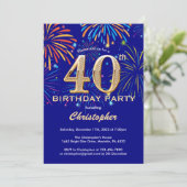 40e verjaardag Navy Blue en Gold Rainbow Fireworks Kaart (Staand voorkant)