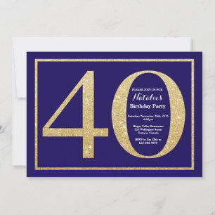 40e verjaardag Navy Blue en Gouden Glitters Kaart