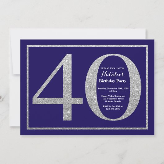 40e verjaardag Navy Blue en Silver Glitter Kaart (Voorkant)