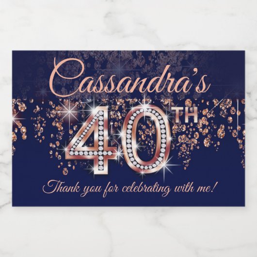 40e verjaardag Navy Blue Roos Gold Glitter Cascade Sparkling Wijnetiket (Enkel label)