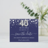 40e verjaardag Navy Blue Silver Save Date Kaart (Staand voorkant)