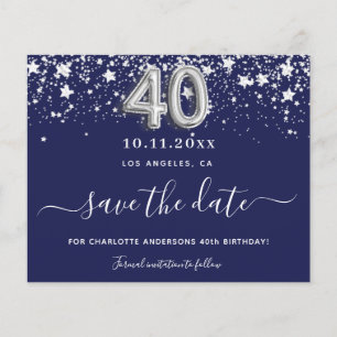 40e verjaardag Navy Blue Silver Save Date Kaart
