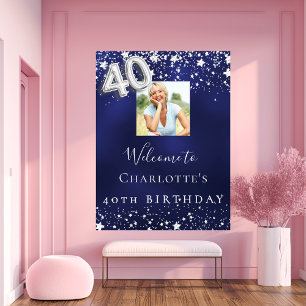 40e verjaardag Navy Blue Silver Stars Foto welkom Poster