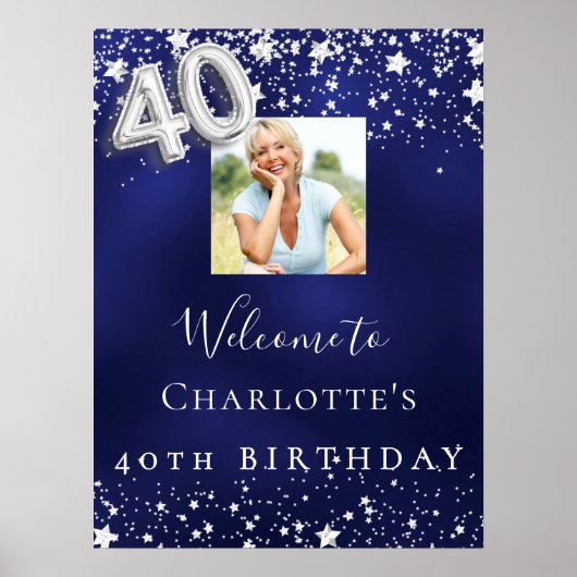 40e verjaardag Navy Blue Silver Stars Foto welkom Poster (Voorkant)
