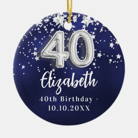 40e verjaardag Navy Blue Silver Stars Keramisch Ornament (Voorkant)