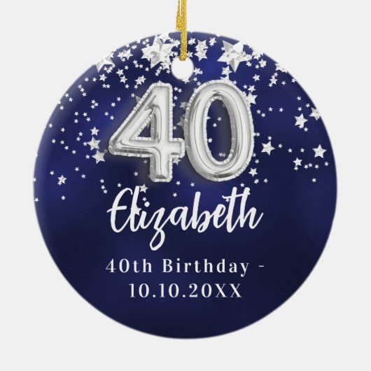 40e verjaardag Navy Blue Silver Stars Keramisch Ornament (Achterkant)