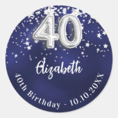 40e verjaardag Navy Blue Silver Stars Ronde Sticker (Voorkant)