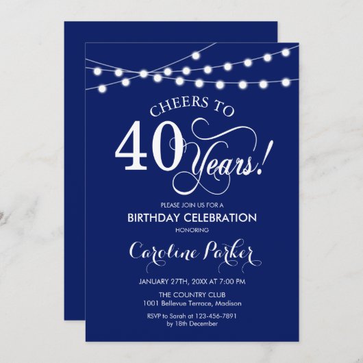 40e verjaardag - Navy Blue White Kaart (Voorkant / Achterkant)