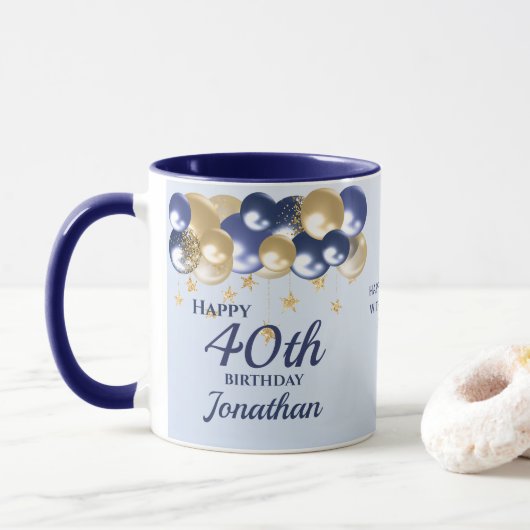40e verjaardag Navy Gouden Ballonnen Mok (Met donut)