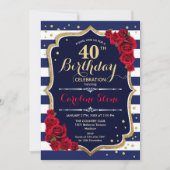 40e verjaardag - Navy White Stripes en Red Roses Kaart (Voorkant)
