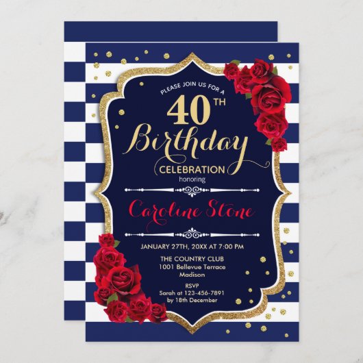 40e verjaardag - Navy White Stripes en Red Roses Kaart (Voorkant / Achterkant)