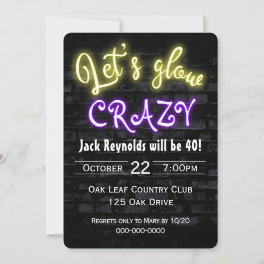 40e verjaardag Neon Glow Sign on Brick Wall Kaart (Voorkant)