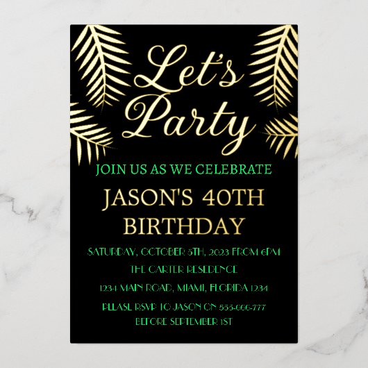 40e verjaardag Neon Green Black Gold Foil QR-code Folie Uitnodiging (Voorkant)