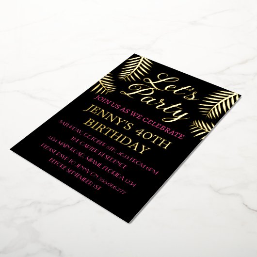 40e verjaardag Neon Pink Black Gold Foil QR-code Folie Uitnodiging (Gedraaid)